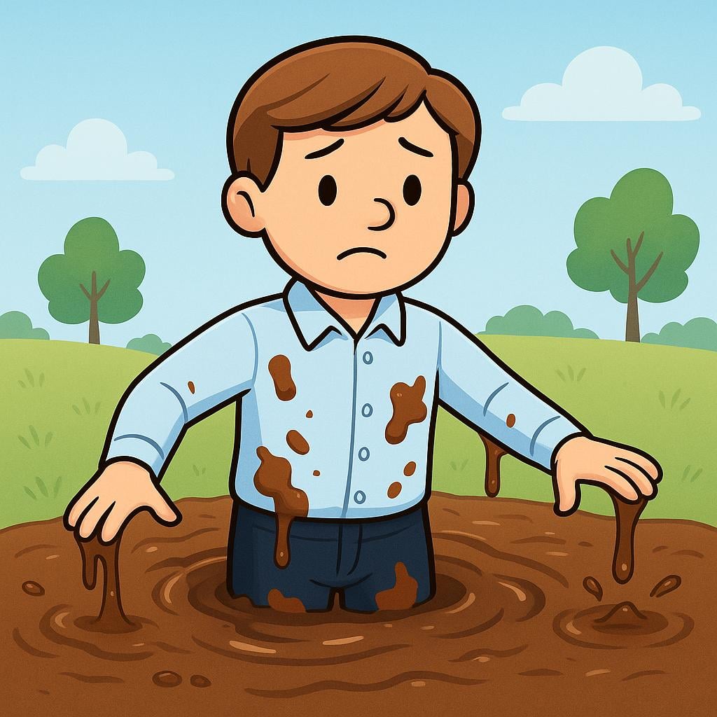 A cartoon character wearing a formal shirt is stuck waist-deep in thick, brown, sticky mud, symbolizing being stuck in a bad situation or routine.
