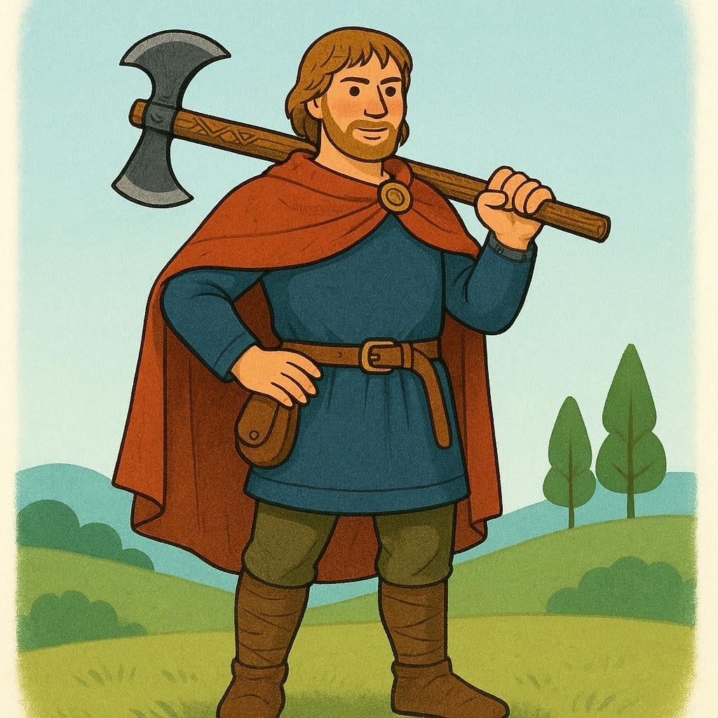 A simple, stylized illustration of a historical Germanic warrior wearing basic armor and holding a distinct throwing axe.
