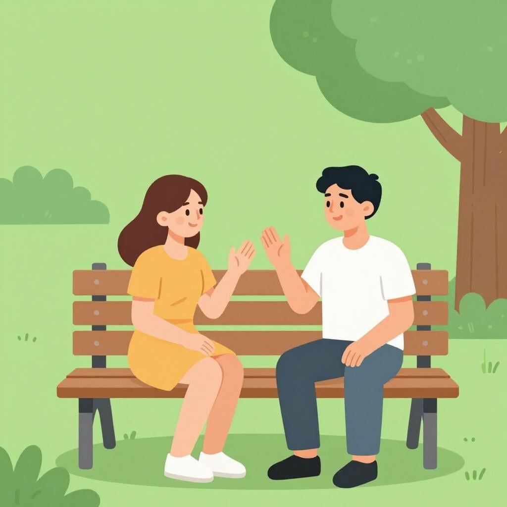 Duas pessoas sentadas num banco de jardim, de frente uma para a outra e envolvidas numa conversa amigável.