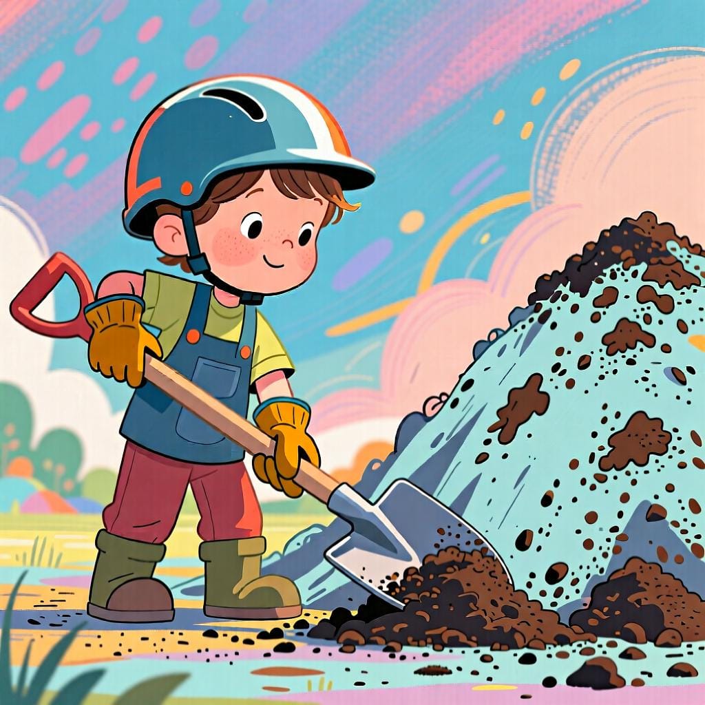 A child wearing a helmet and gloves firmly holds a shovel next to a large pile of dirt, illustrating the strong obligation that 'you must' complete a task.