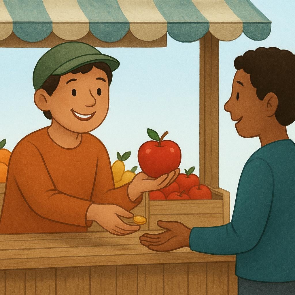 A friendly shopkeeper behind a wooden market stall handing a bright red apple to a customer in exchange for a coin.