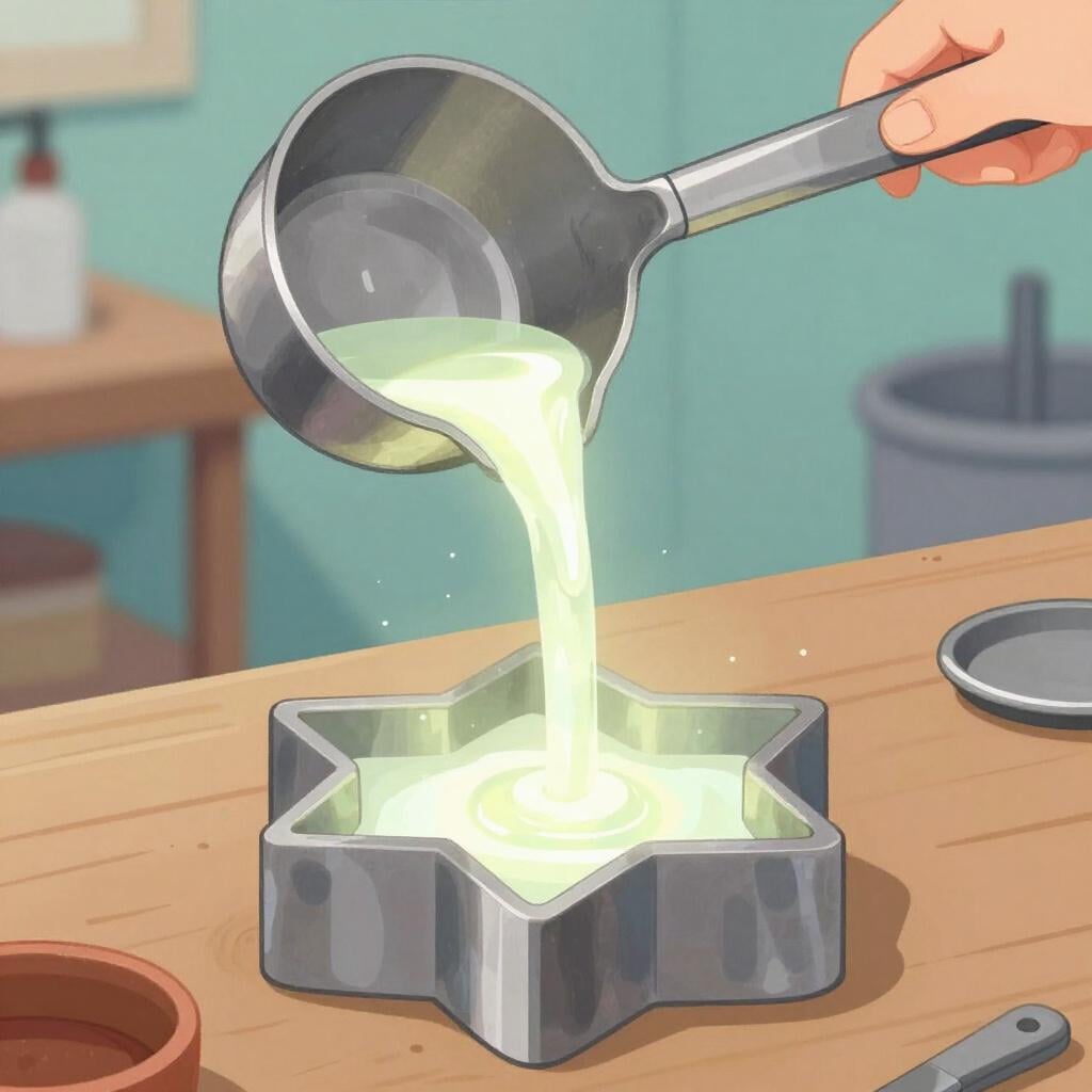 Liquid silver metal being poured from a ladle into a star-shaped stone mold.