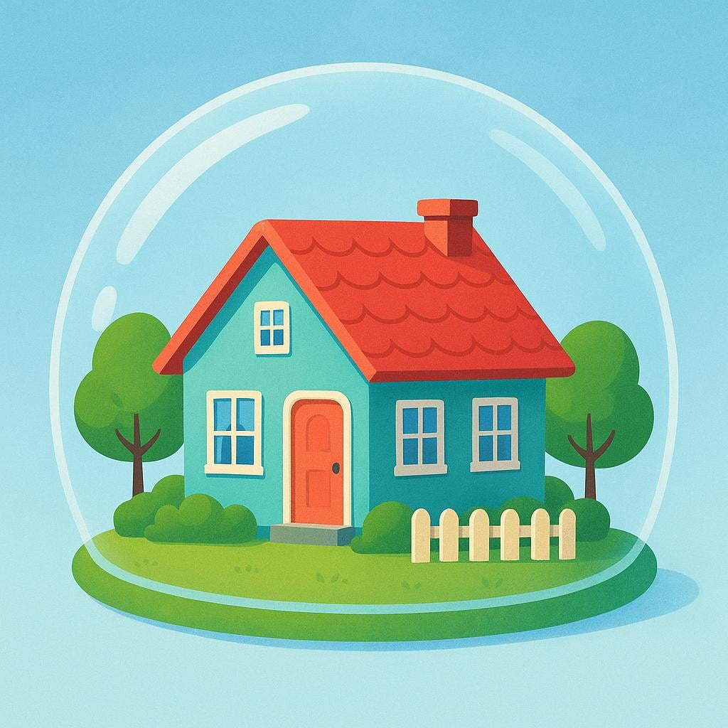 A small, brightly colored house sitting safely beneath a large, transparent, protective dome, representing insurance or financial protection.