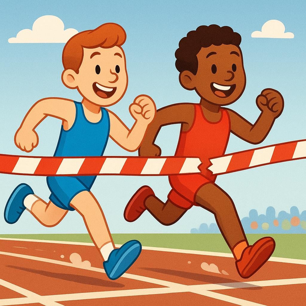 Two athletes, one in red and one in blue, running a close race towards a striped finish line, illustrating an organized contest.