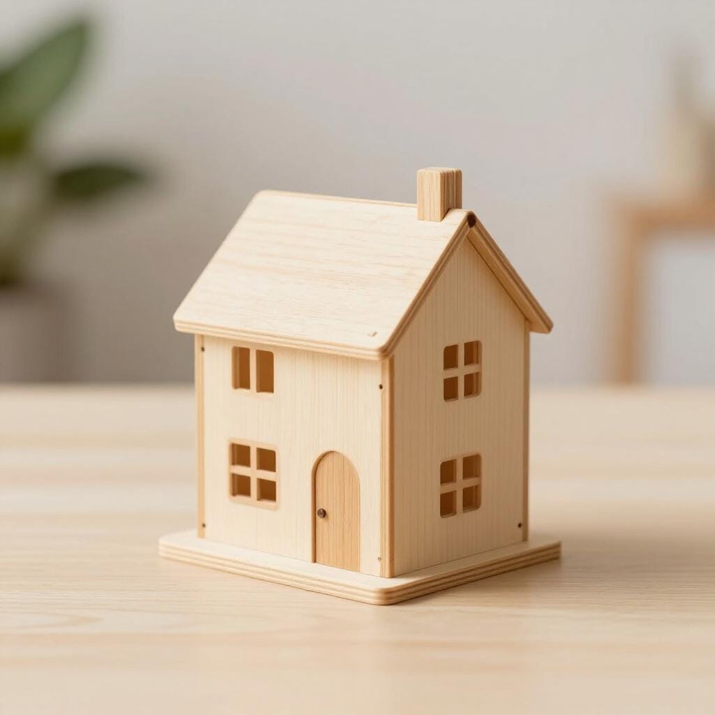 A small, unpainted wooden architectural model of a house prototype sitting on a workbench.