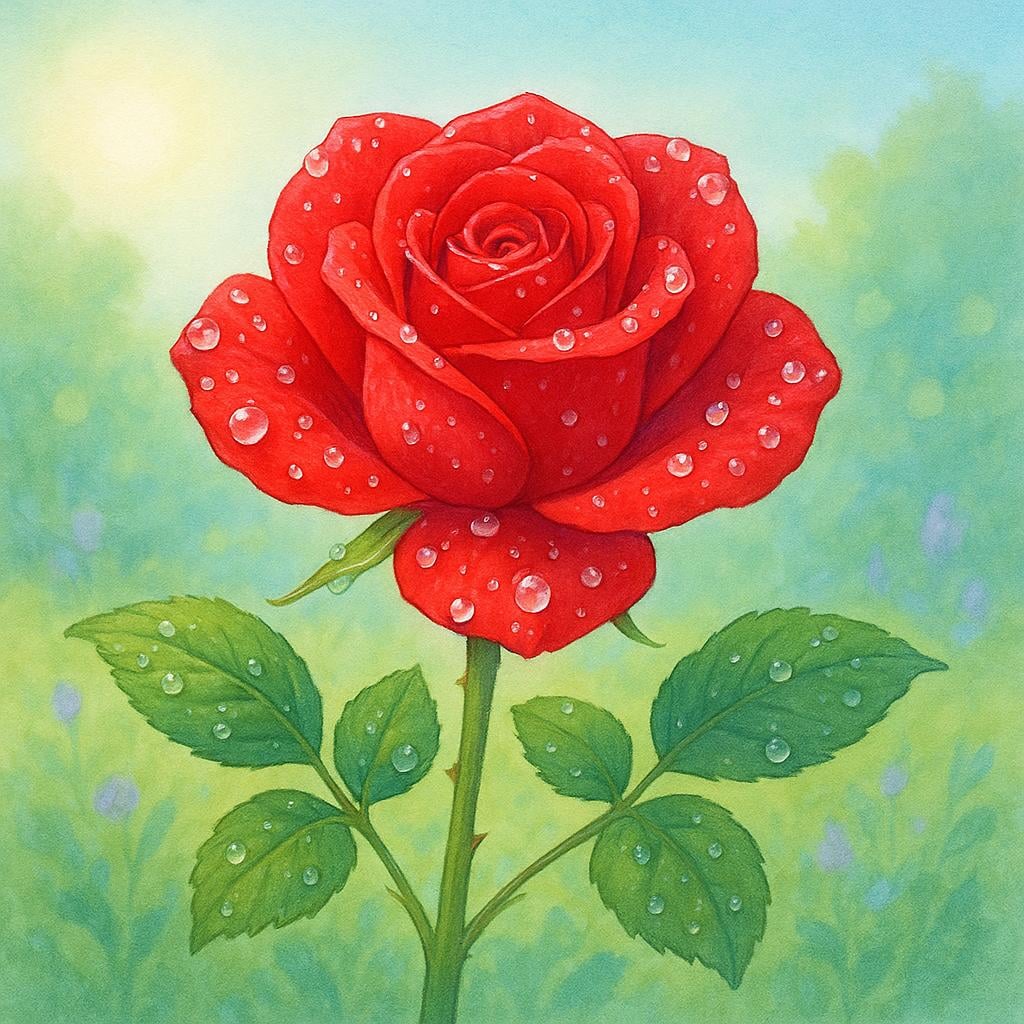 A single, vibrant red rose covered in dew drops, glowing under soft sunlight in a serene garden, illustrating a sense of beauty and charm.
