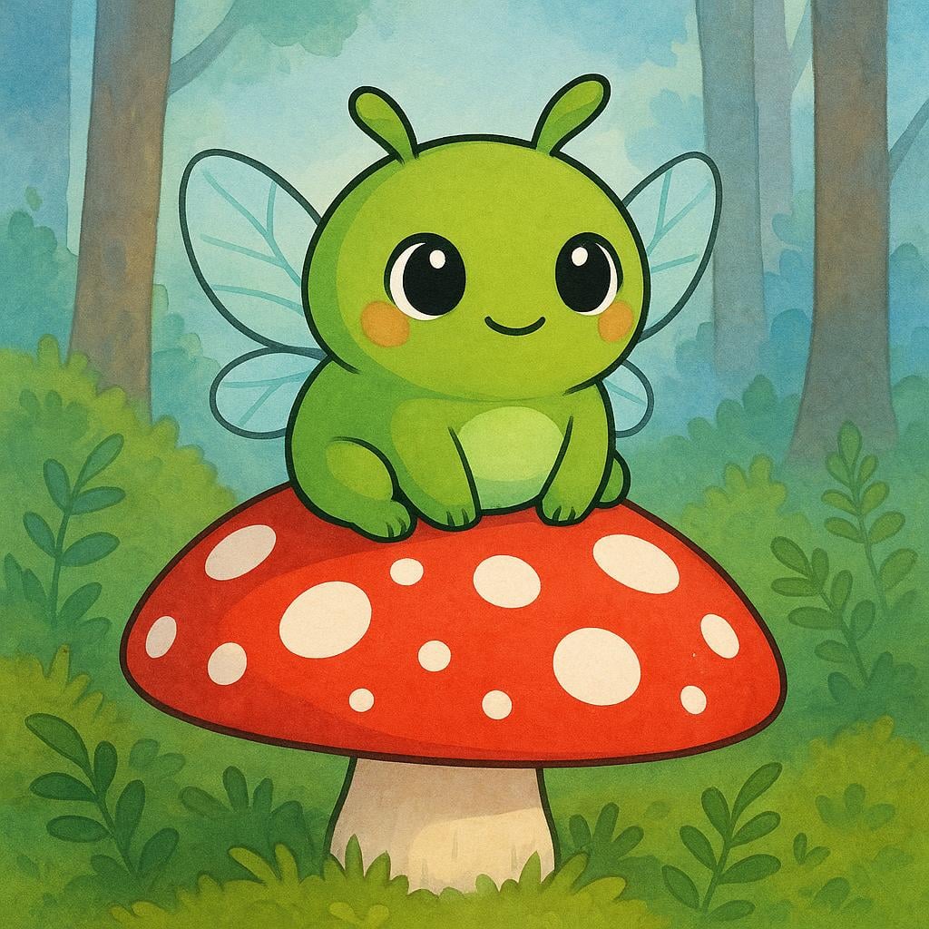 A small, friendly, green mythical creature with large eyes and tiny wings standing on a mushroom.