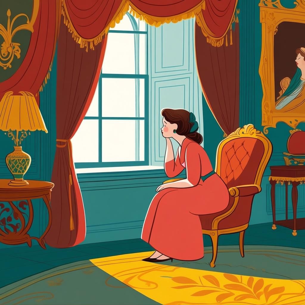 A woman sitting alone in a richly decorated, private parlor, gazing out a window, suggesting a secluded or hidden life.