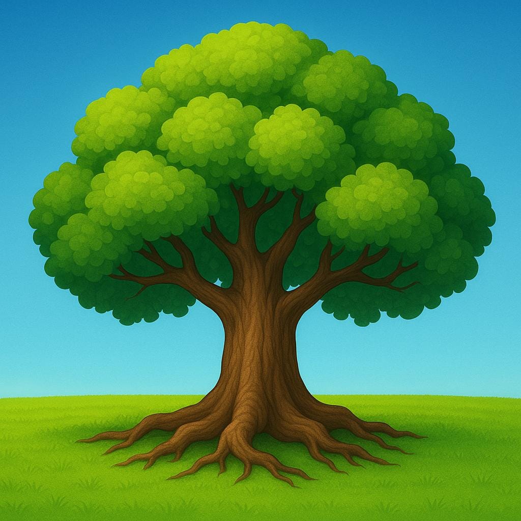 A massive, sturdy oak tree with deep green foliage standing firmly rooted in a sunny green field, symbolizing continuous existence or state.