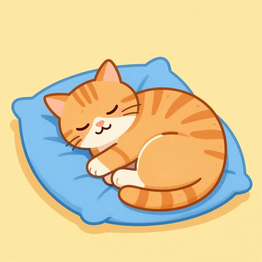 A fluffy ginger cat sleeping peacefully on a soft blue cushion.