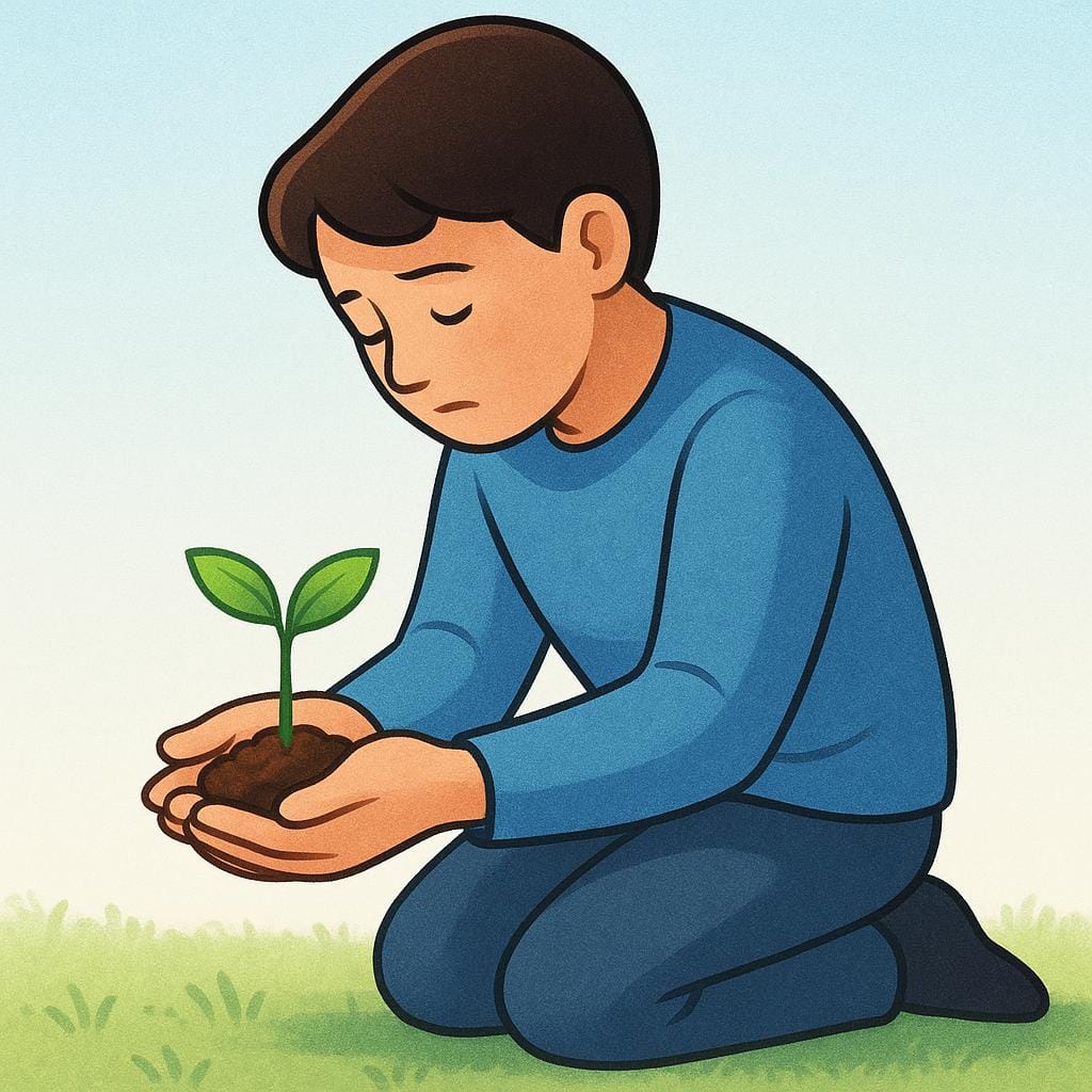 A person kneeling, deeply focused and carefully tending to a single, small plant in a garden, symbolizing intense commitment.