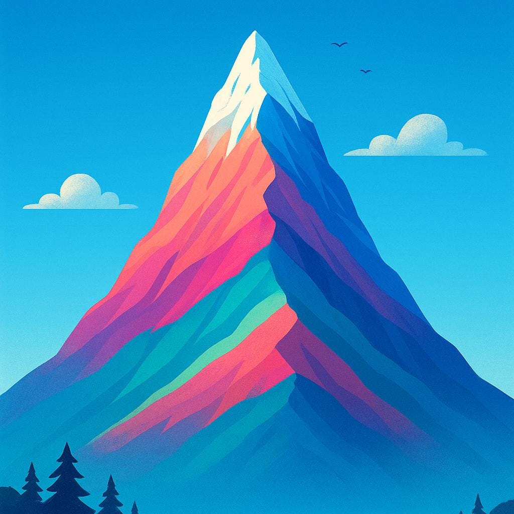 A colorful illustration of a sharp mountain peak dramatically rising into a bright blue sky, emphasizing extreme elevation and distance from the ground.