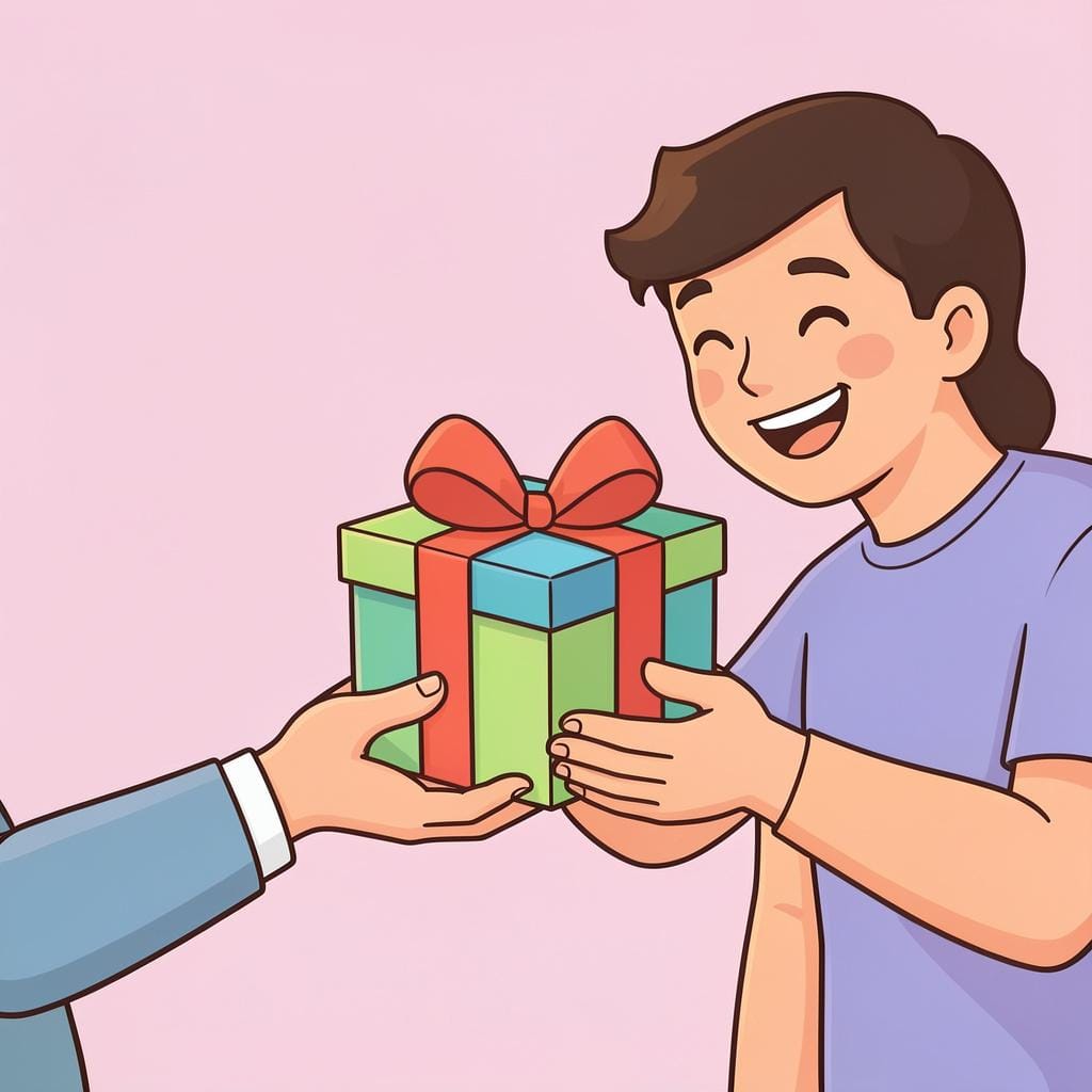 Uma pessoa sorrindo e estendendo as duas mãos para receber uma caixa de presente lindamente embrulhada de outra pessoa.