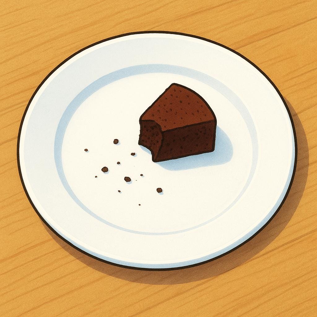 A small piece of cake and some crumbs remaining on a white plate, indicating leftovers.
