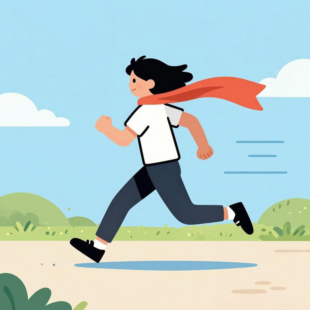 A person running quickly with their scarf trailing behind them, showing speed and urgency.