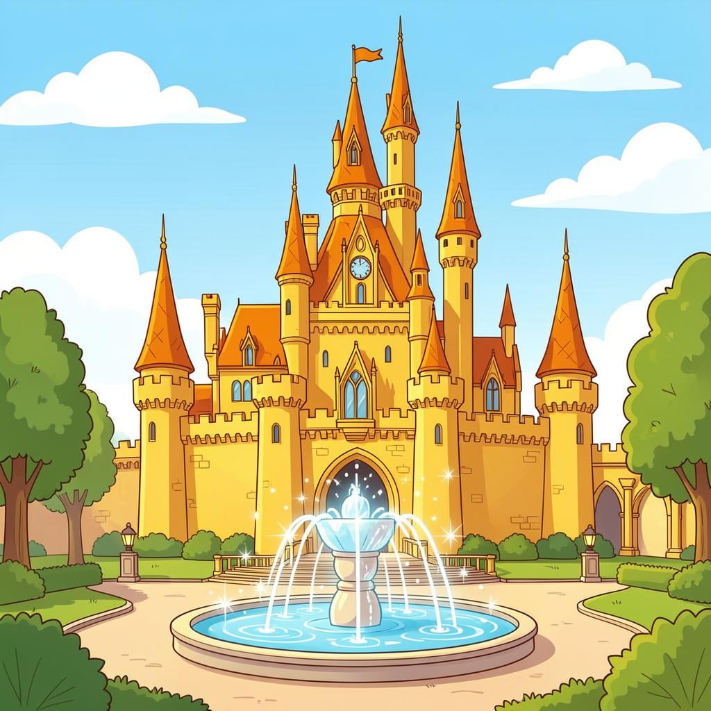 A grand, shimmering golden palace with elegant towers and sparkling fountains under a clear blue sky.