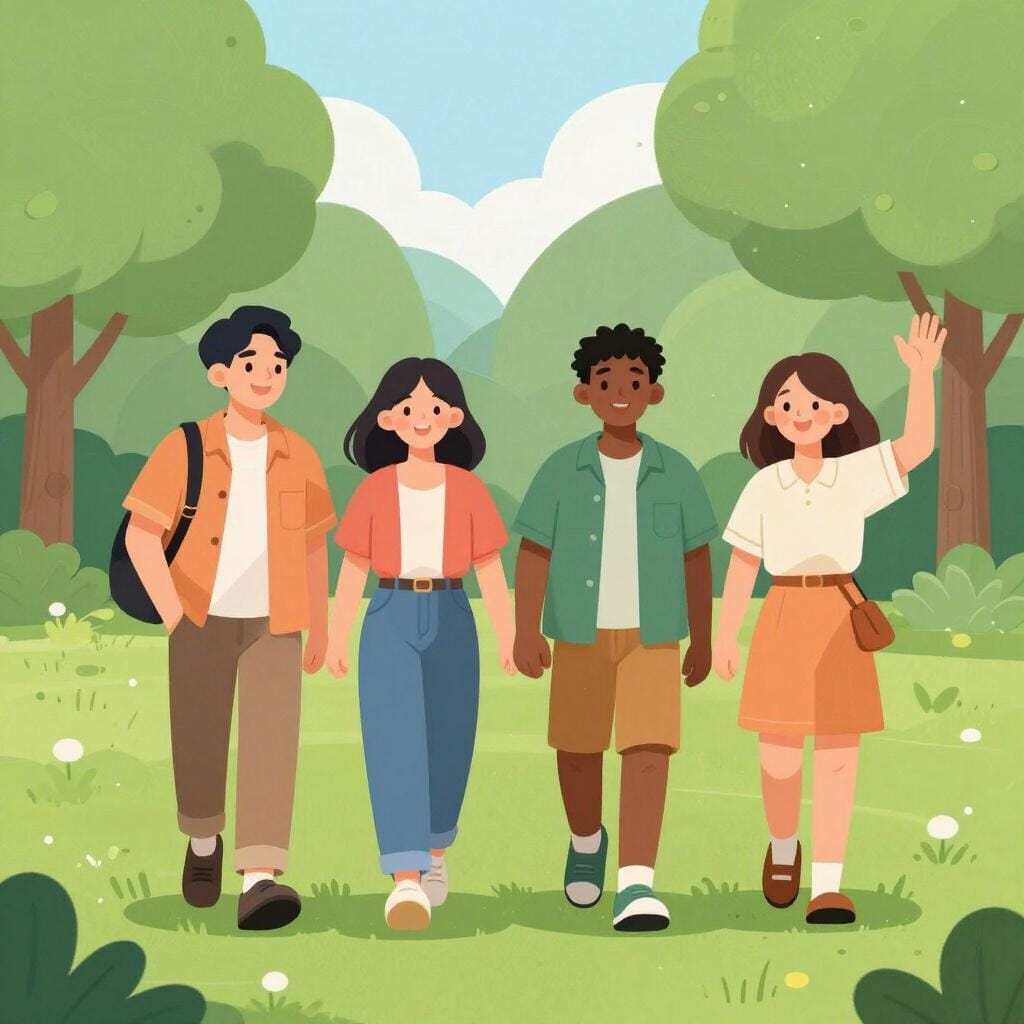 Un petit groupe d'enfants divers marchant ensemble, les bras autour des épaules les uns des autres.