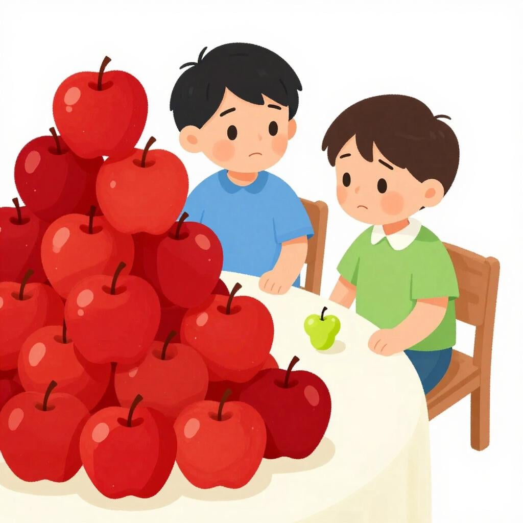 子供がおもちゃを分け合っている様子を描いたシンプルな絵本風イラスト。一人の子供にはたくさんの果物が与えられ、もう一人の子供には小さなぶどう一つだけが与えられている。