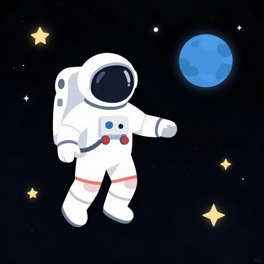 Um astronauta em um traje espacial branco flutuando no vazio escuro do espaço com um planeta azul distante ao fundo.