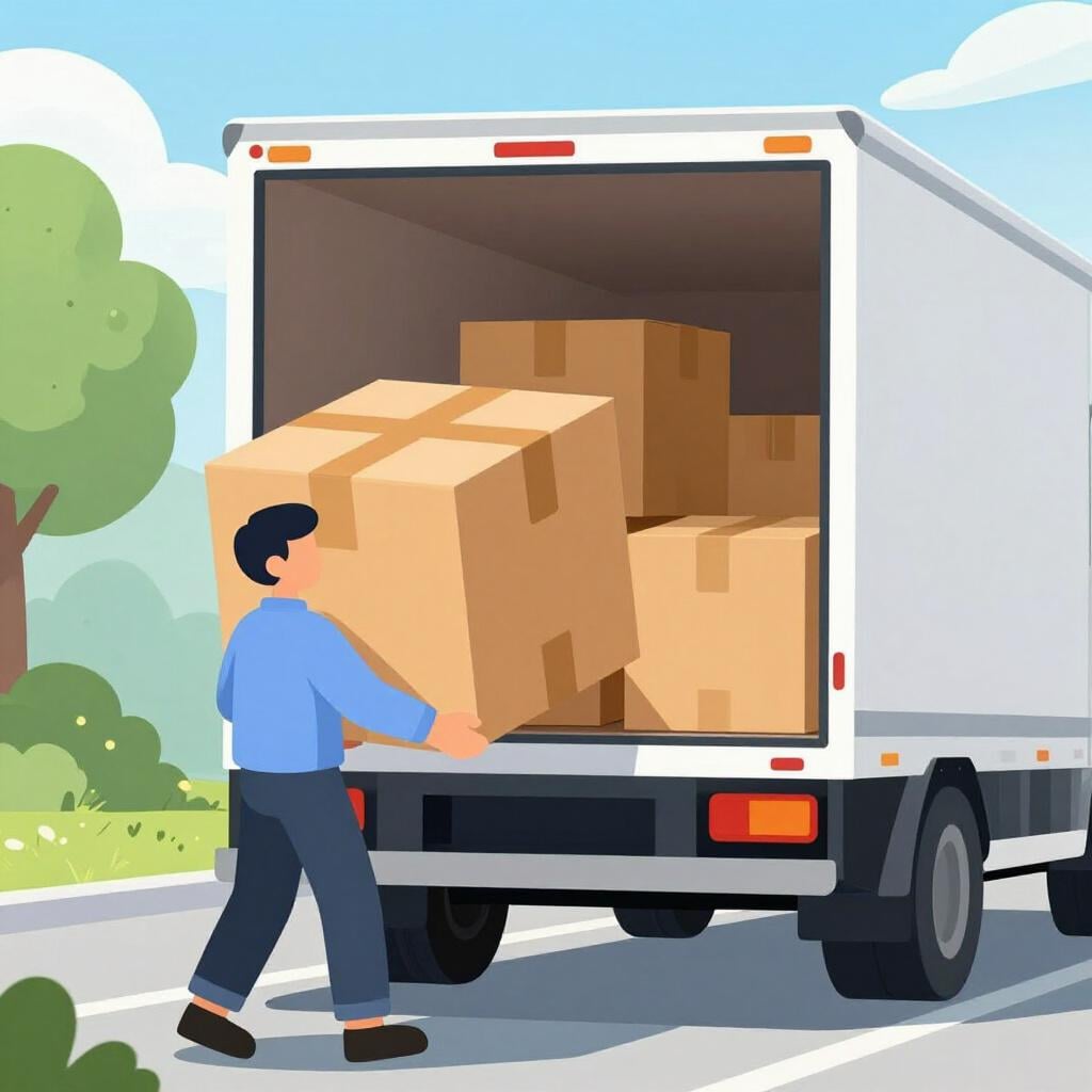 A person carrying a heavy brown box off the back of a wooden truck.