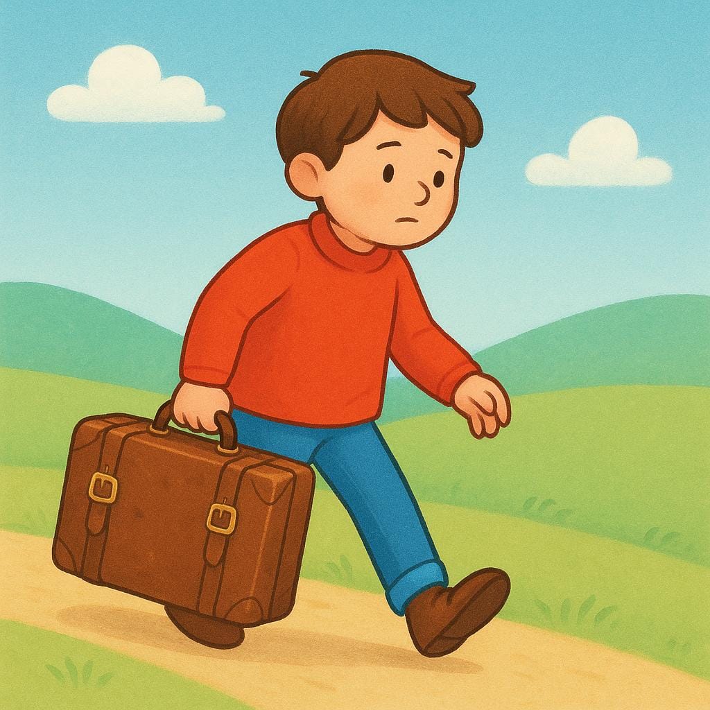 A simplified storybook illustration of a person walking and carrying a large, heavy brown suitcase in one hand.