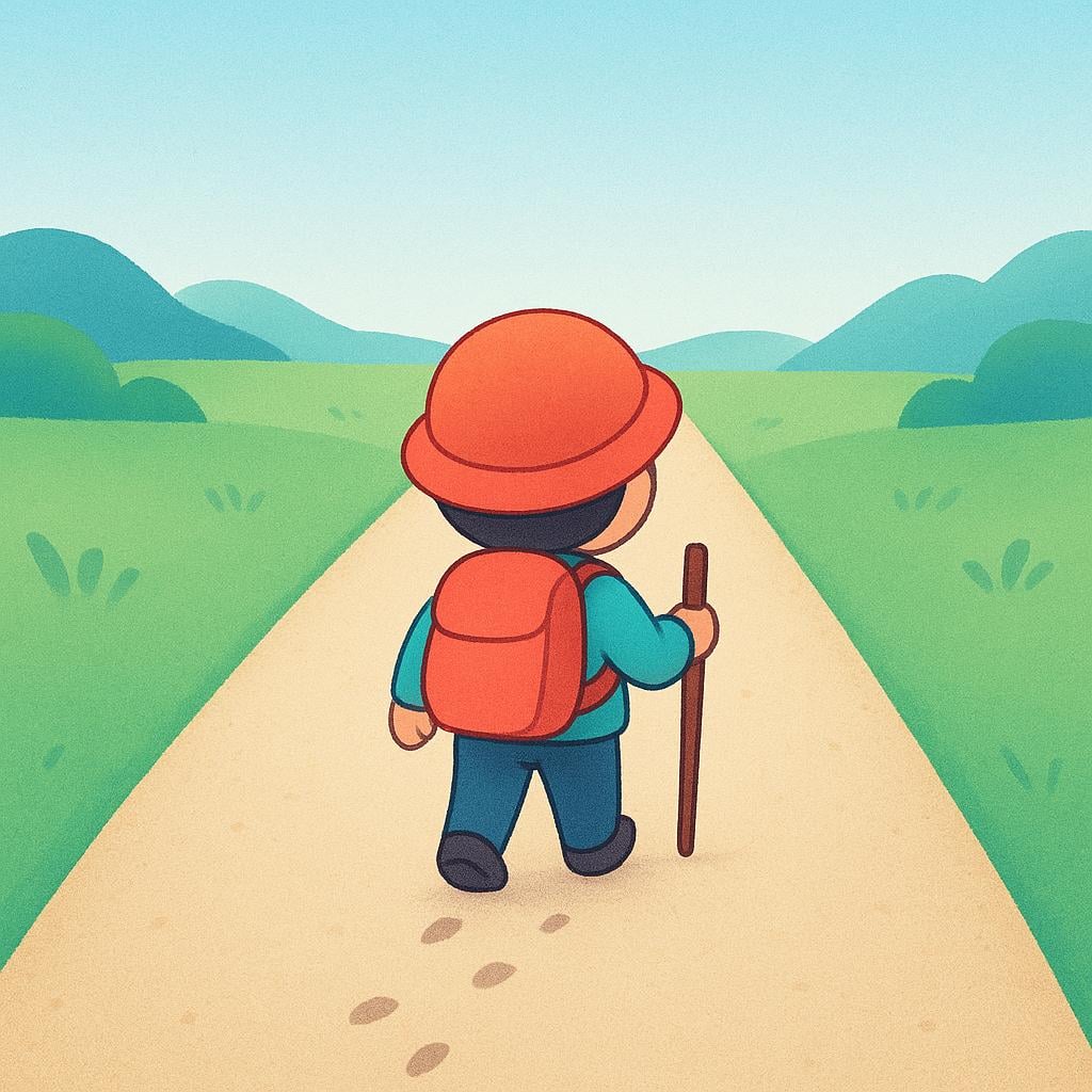 A small, simplified hiker standing on a long road, looking back at the significant distance they have already walked.
