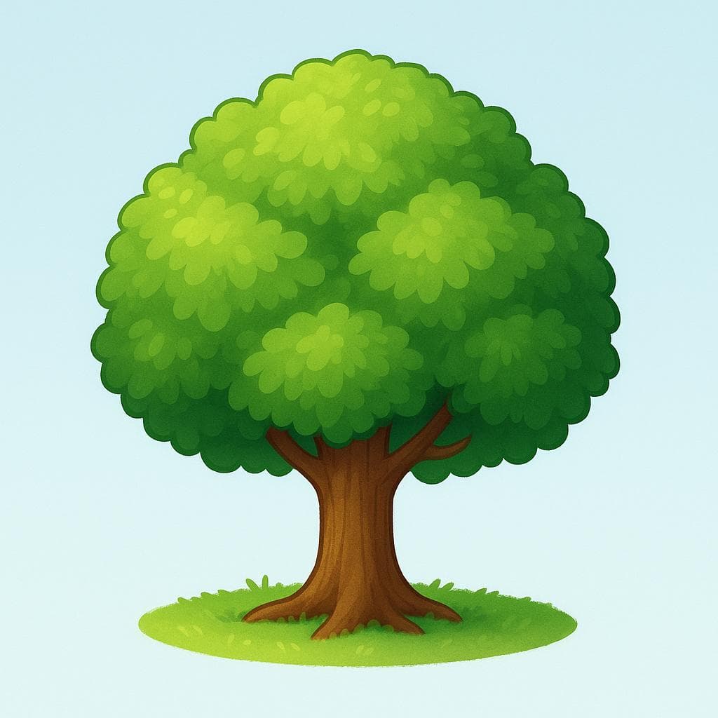 Ein einzelner, großer, gesunder grüner Baum mit einem dicken braunen Stamm und sichtbaren Wurzeln, der auf einem kleinen grasbewachsenen Hügel steht.