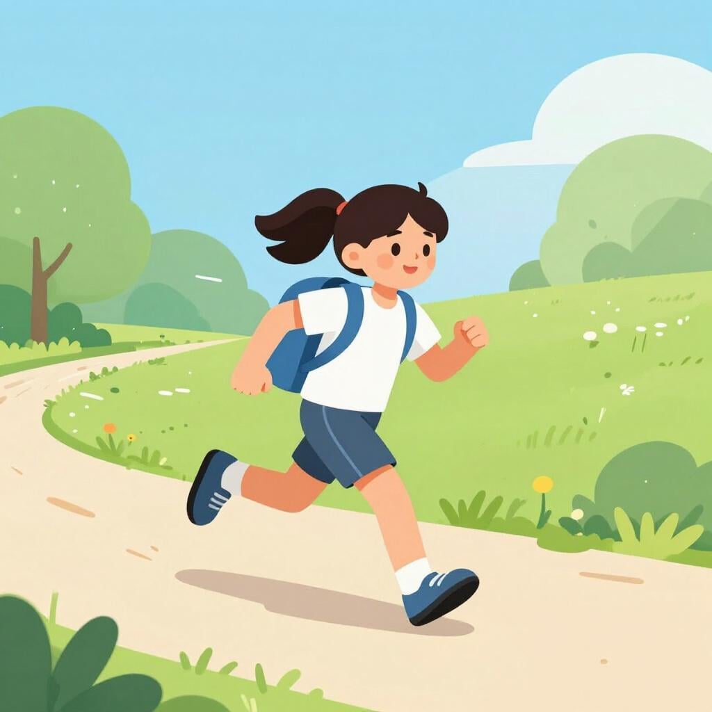 A person running quickly with a backpack while looking at a sunset.