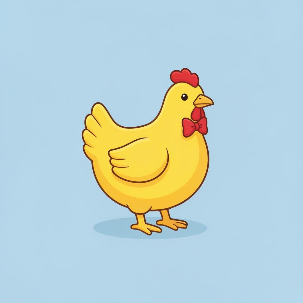 A colorful rubber chicken wearing a tiny red bow tie.