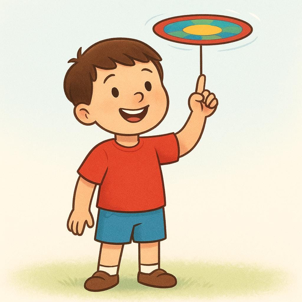 Uma criança equilibrando sem esforço um prato de cerâmica giratório na ponta de um dedo, mostrando grande foco e habilidade inata.