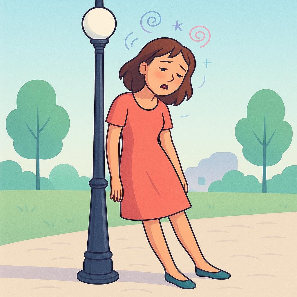 Uma ilustração colorida de uma jovem com um vestido simples encostada levemente em um poste de luz de madeira, com os olhos semicerrados, indicando tontura ou embriaguez.