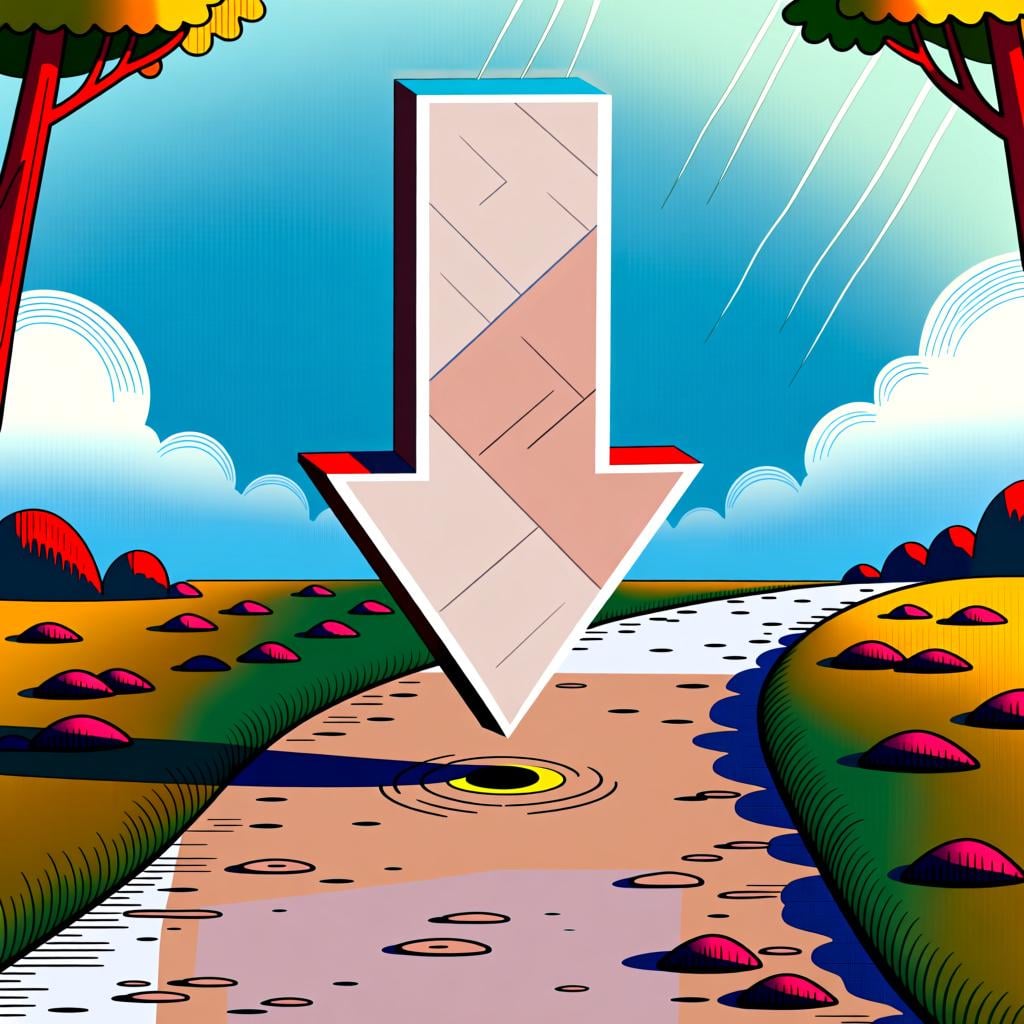 A large, bright red arrow pointing directly down at a specific spot on a simple path, indicating 'right here'.