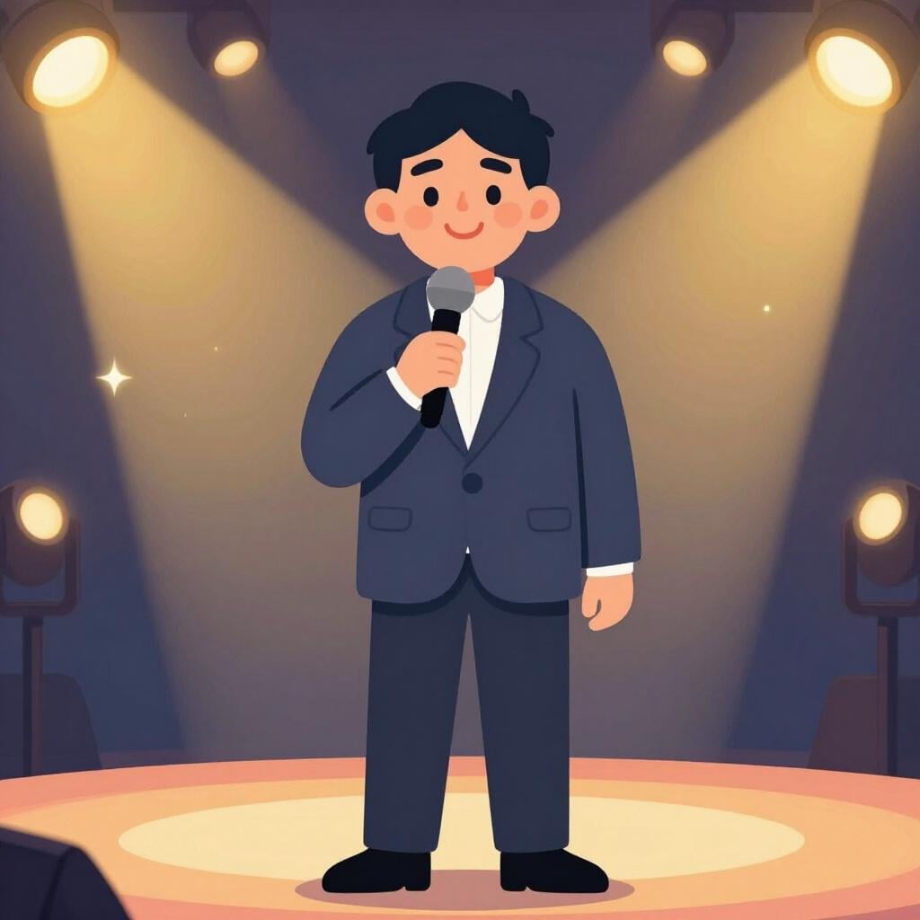 A friendly person standing on a stage holding a microphone and gesturing to the audience.