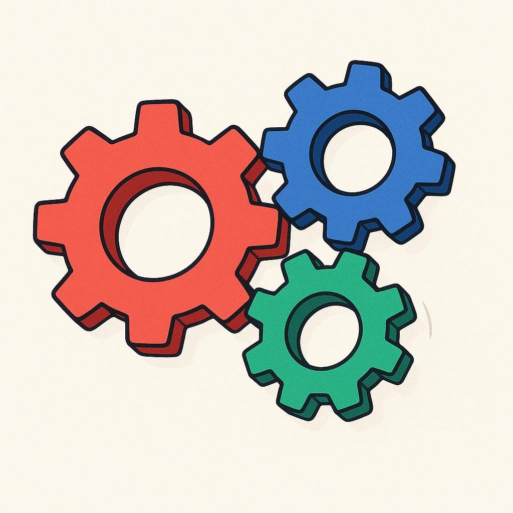 Three brightly colored, interlocking gears of varying sizes rotating in perfect synchronization, illustrating complex coordination.