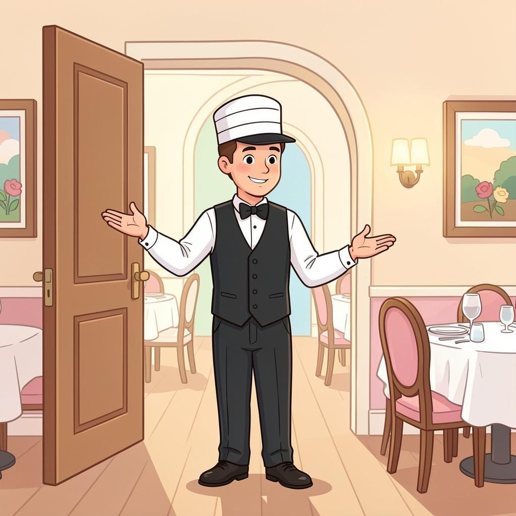 A polite waiter in a formal vest gesturing with an open hand toward a table, inviting a group of people to pass.