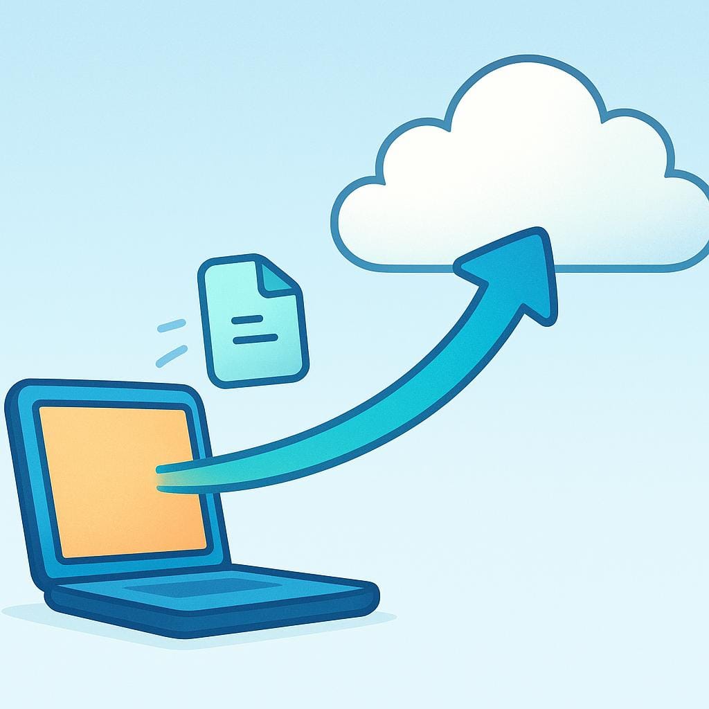 A drawing showing a digital file moving from a laptop screen upwards toward a cloud, symbolizing an upload.