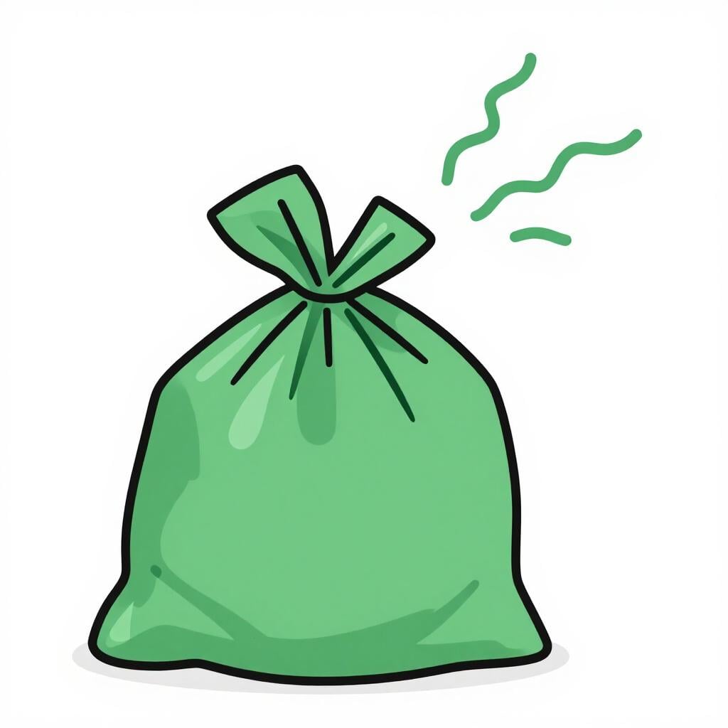 A green garbage bag sitting on a clean floor with visible green wavy lines rising from it to represent a bad smell.
