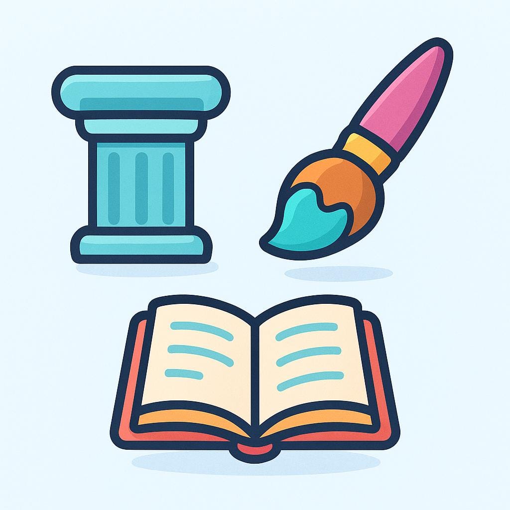 Three distinct, stylized objects floating together: a classical column base representing philosophy, a large paintbrush representing art, and an open book representing literature, illustrating different schools of thought.