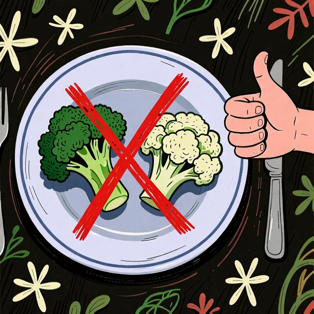 A plate holding a piece of broccoli and a piece of cauliflower, with a large red X drawn over both, indicating they are not wanted.