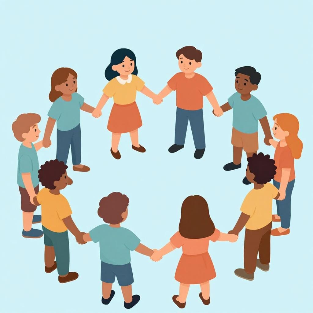 Several people of different backgrounds standing in a circle, holding hands and supporting each other.
