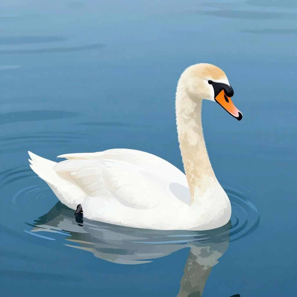 A simple illustration of a white swan floating elegantly on calm blue water, emphasizing smooth form and movement.