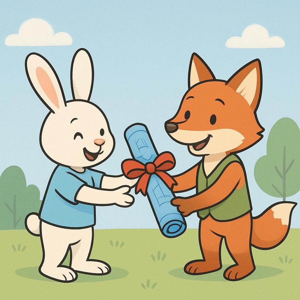 A cheerful rabbit hands a rolled-up blueprint tied with a red ribbon to a smiling fox, symbolizing the transfer of an assignment or duty.