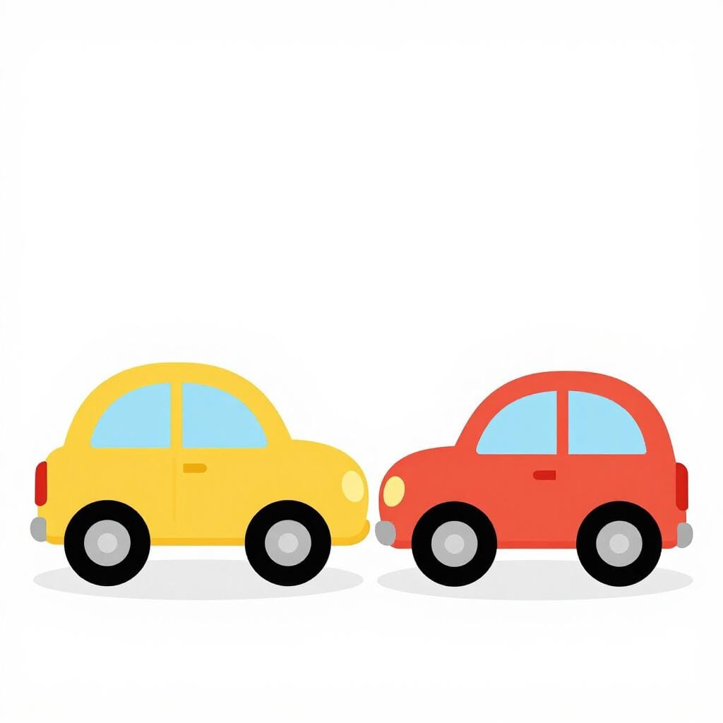 A small red toy car bumped into a blue toy car on a wooden floor.