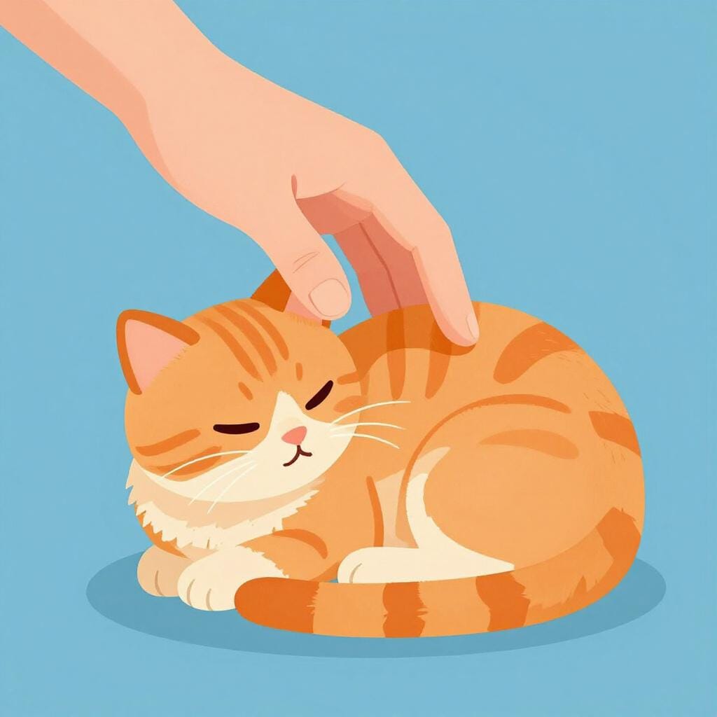 A person gently petting a small, sleeping kitten.