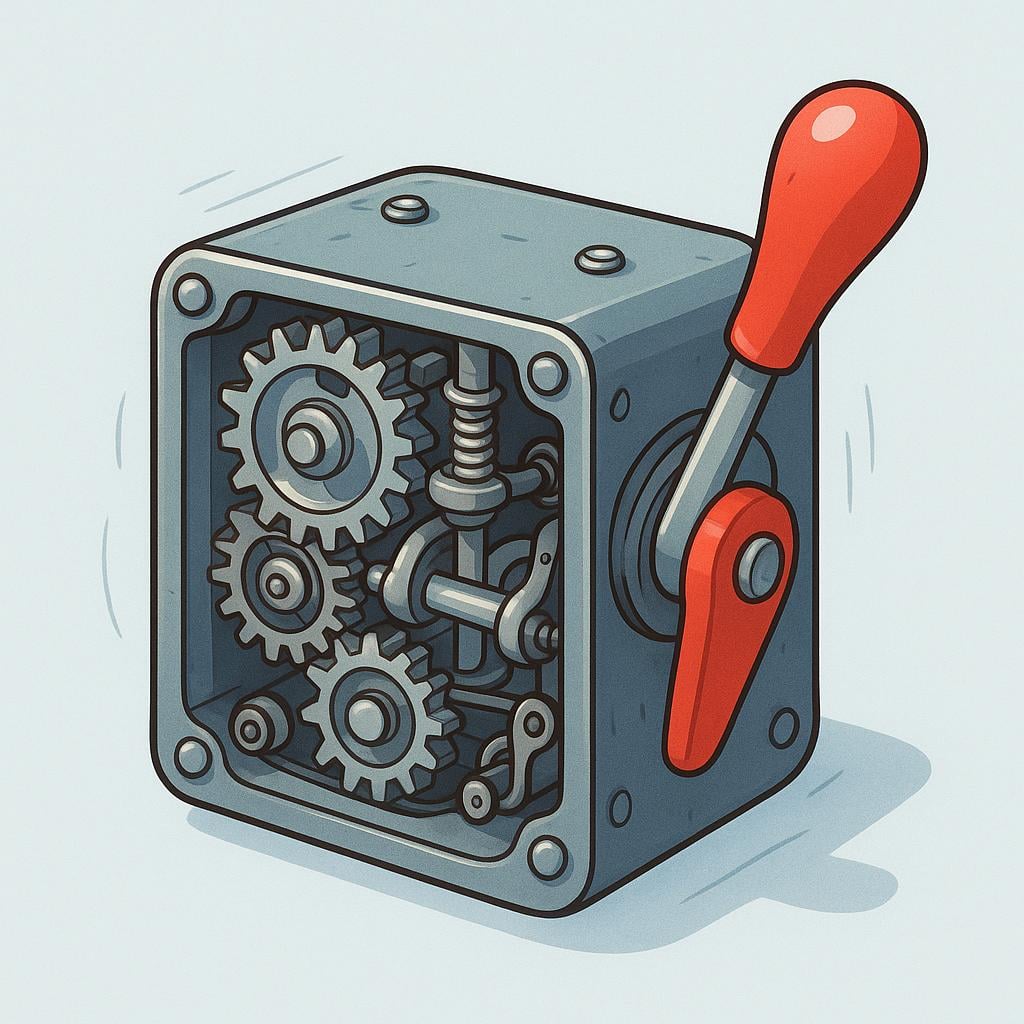 A simple, brightly colored mechanical device with visible interlocking gears and a lever, representing a machine.
