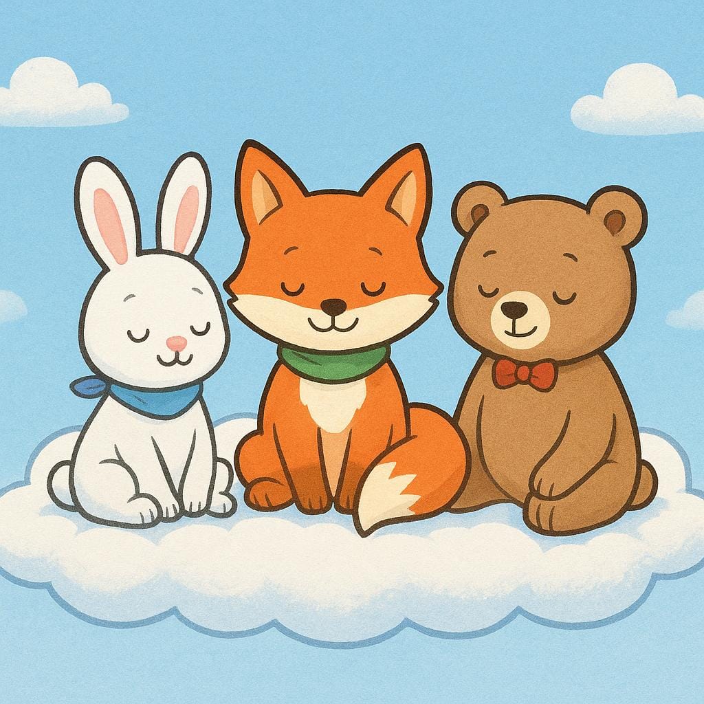 A simple storybook illustration showing three distinct, cheerful characters—a rabbit, a fox, and a bear—sitting comfortably together on a fluffy white cloud.