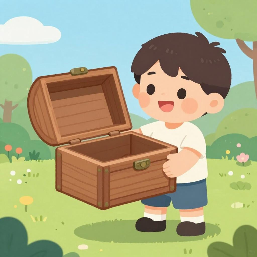 A child smiling and holding their hands out wide, showing an empty and open wooden box to a friend.