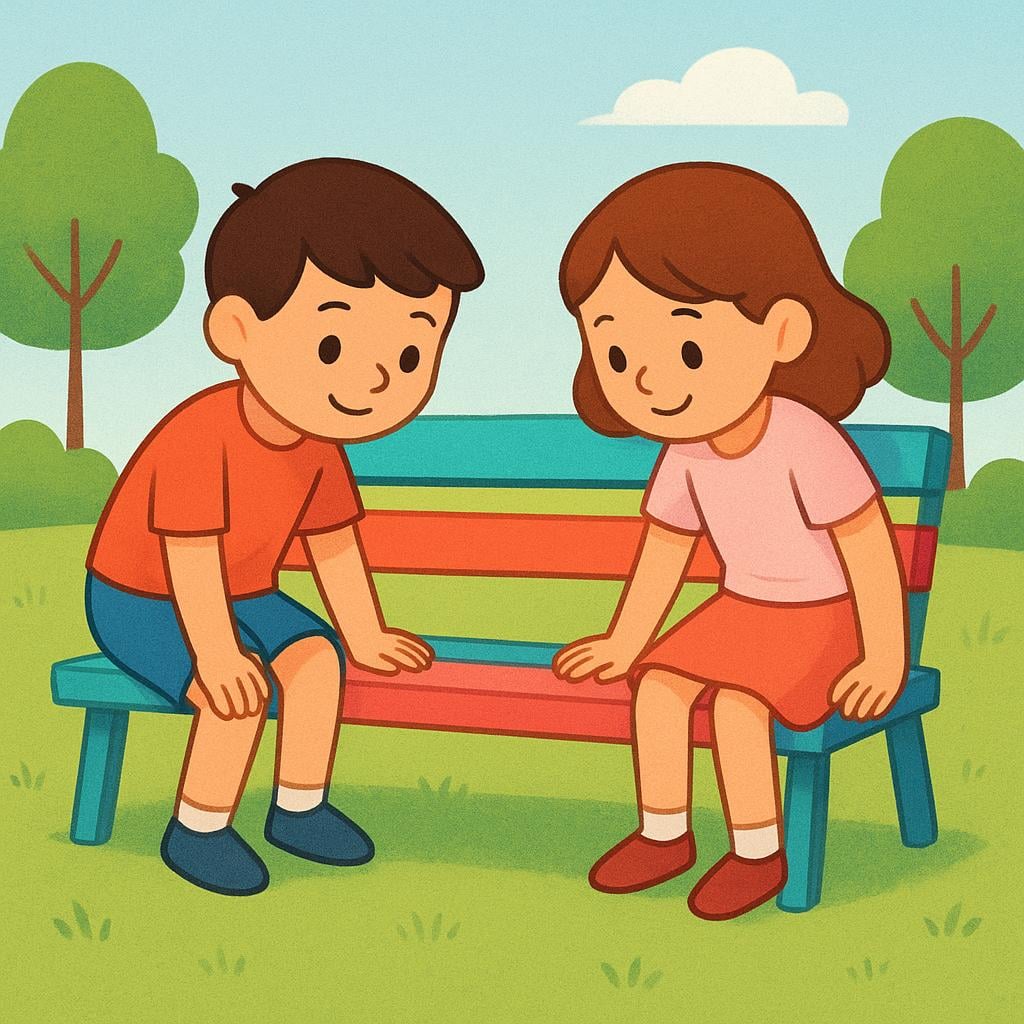 Two simplified characters, a boy and a girl, are in the process of lowering themselves onto a small, brightly colored park bench, illustrating the action of sitting down.