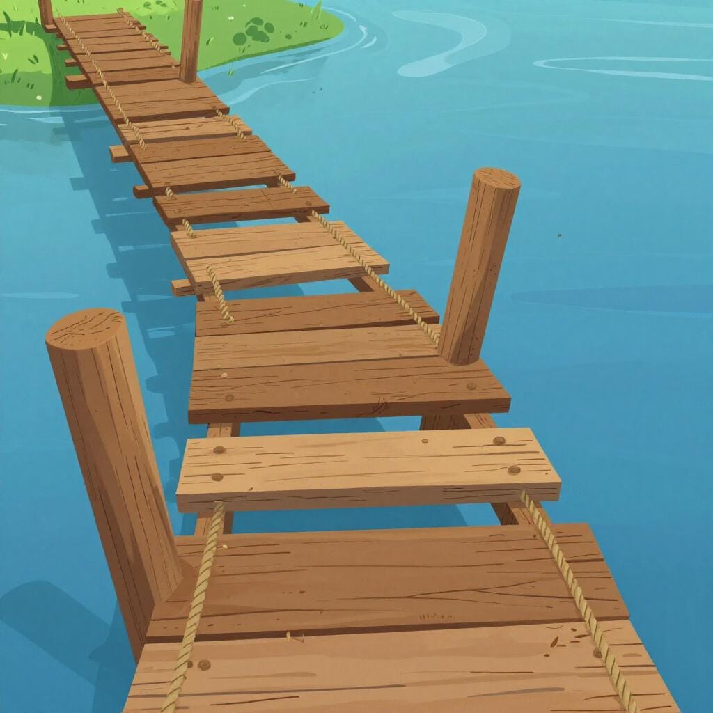 A wooden bridge with broken, missing planks over a small gap.