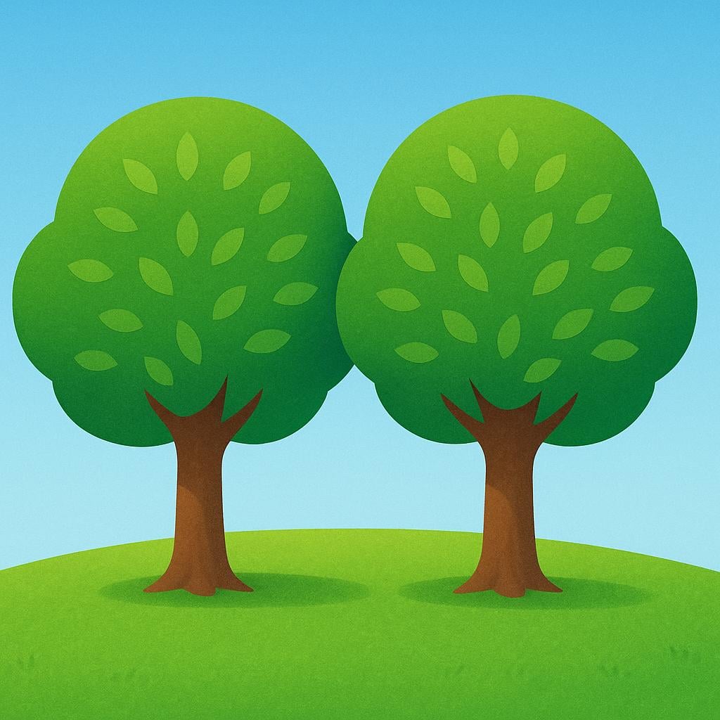 A colorful storybook illustration showing two perfectly identical green trees standing side-by-side on a small hill, emphasizing they are the same height and size.